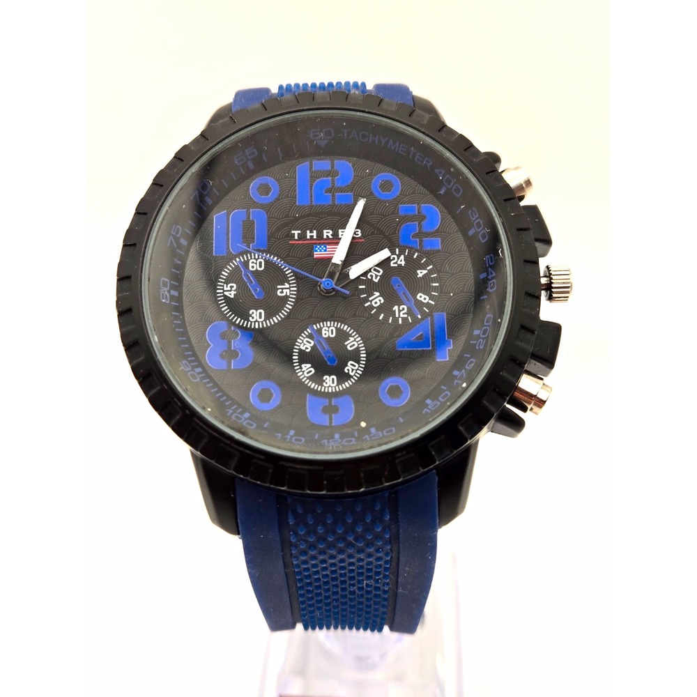 Accutime THRE3 Mens Sport Watch Black/Blue Dial Tachymeter Quartz Blue Silicone